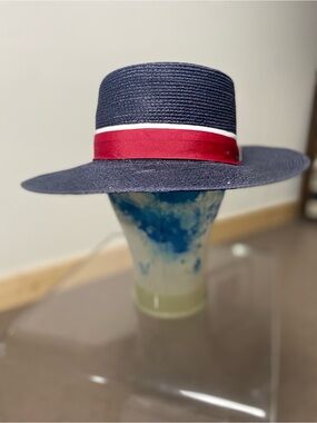 Navy GOORIN BROS size M Straw Boater with Red and White Ribbon Trim